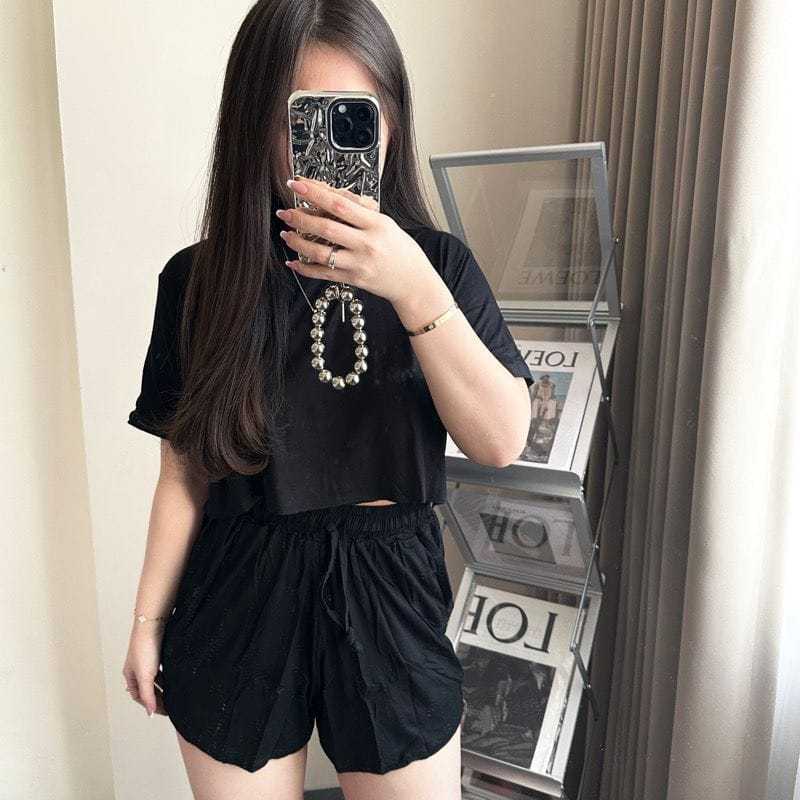 Crop Top and Hot Pant Korean style | One Set Crop | Stelan wanita one crop pocket open Bahan babyter