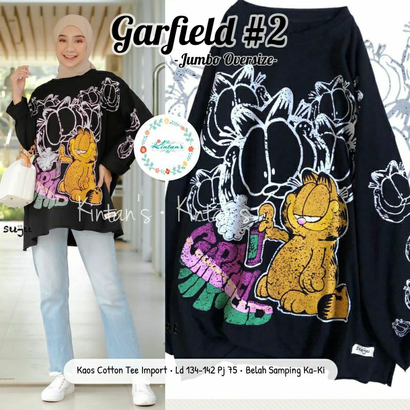 Garfield Tunik Oversize Kaos Katun Import Jumbo Fit XXL XXXL 4L Ld120 Ld130 Ld140 Bahan Melar Adem B