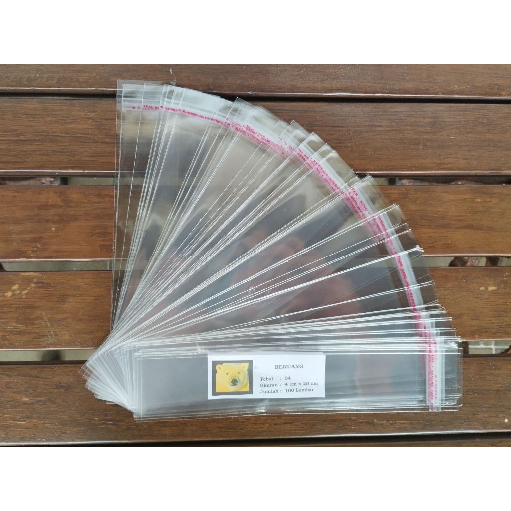 

PLASTIK OPP BERUANG 4 X 20 CM TEBAL 33 MIC LEM / PEREKAT ISI 100LB