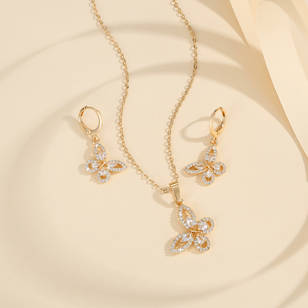 Kalung Anting Premium Kupu-Kupu Titanium Set Lapis Emas Titanium Asli Anti Luntur Anti Karat Set Per