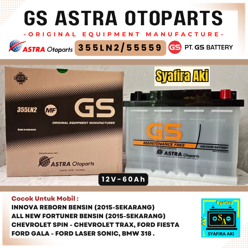 Aki Mobil INNOVA REBORN BENSIN GS ASTRA OEM 355LN2 / LN2 | 12V - 60Ah MF
