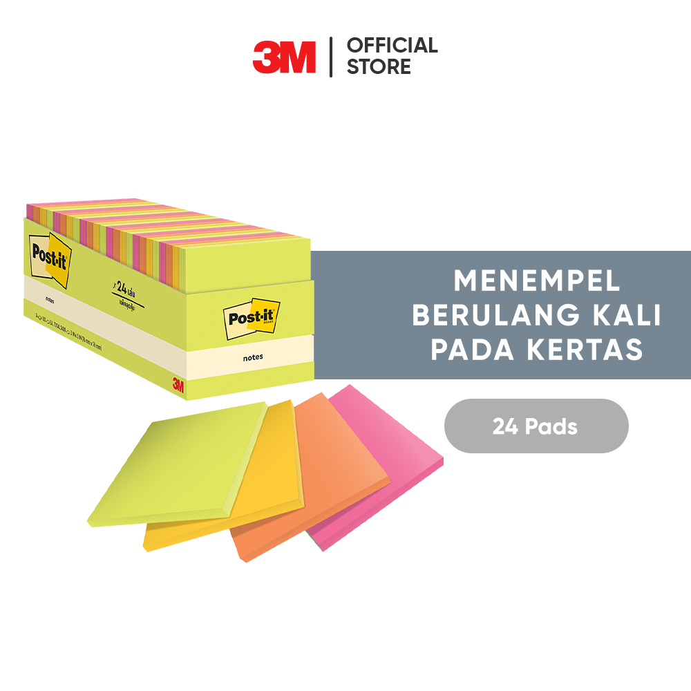 

3M™ Post-it® Notes, Menempel berulah kali pada kertas, 1 box/24 pad, 76x76 mm, Acid Lime, Sunnyside, Vital Orange, Power Pink, Untuk berbagai permukaan kertas