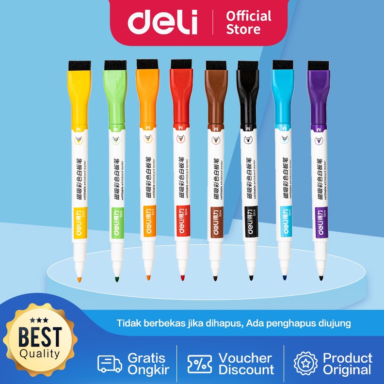 

Original Deli Color Whiteboard Marker / Spidol Papan Tulis 8 warna Ujung Penghapus S514 murah