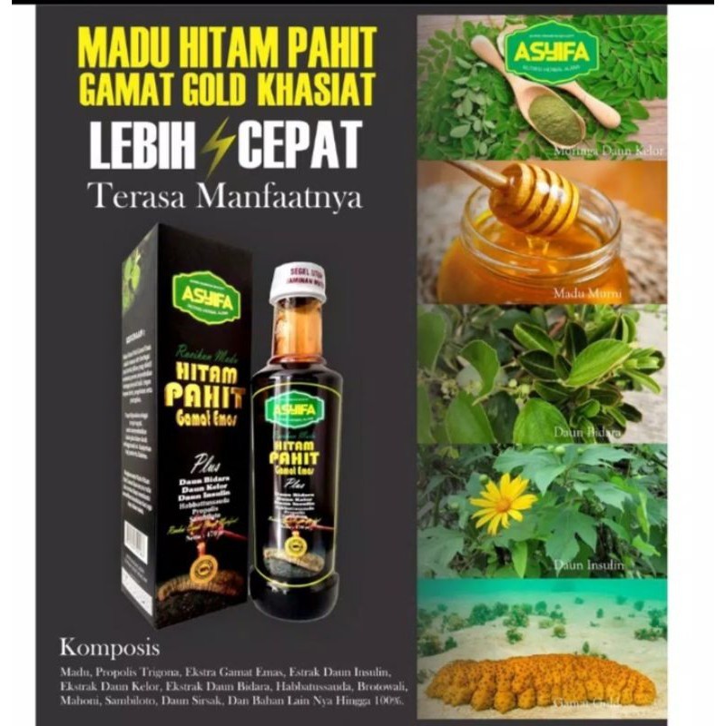 

Madu Hitam Pahit Gamat Emas Asyifa 470gr Plus Daun Insulin Habbatusauda Propolis Sambiloto Original