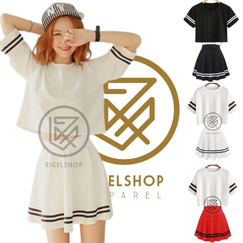 ️✔️✔️ Setelan Crop Stripe Hitam Rok Stripe Hitam Wanita Kasual Olahraga Gym Zumba Line Dance Setelan