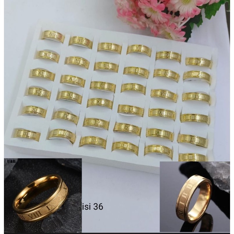 Cincin Couple Romawi Hitam Titanium 1Box Isi 36Pcs Dan Sisi Rata Polos 1 Box Abjad Huruf Anti Karat 