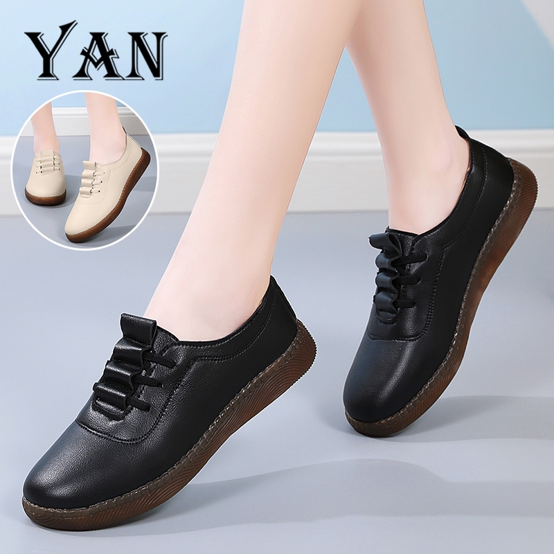 YAN Flatshoes Kulit Wanita Kasual Sepatu Kulit Kerja Sepatu Flat Wanita Terbaru