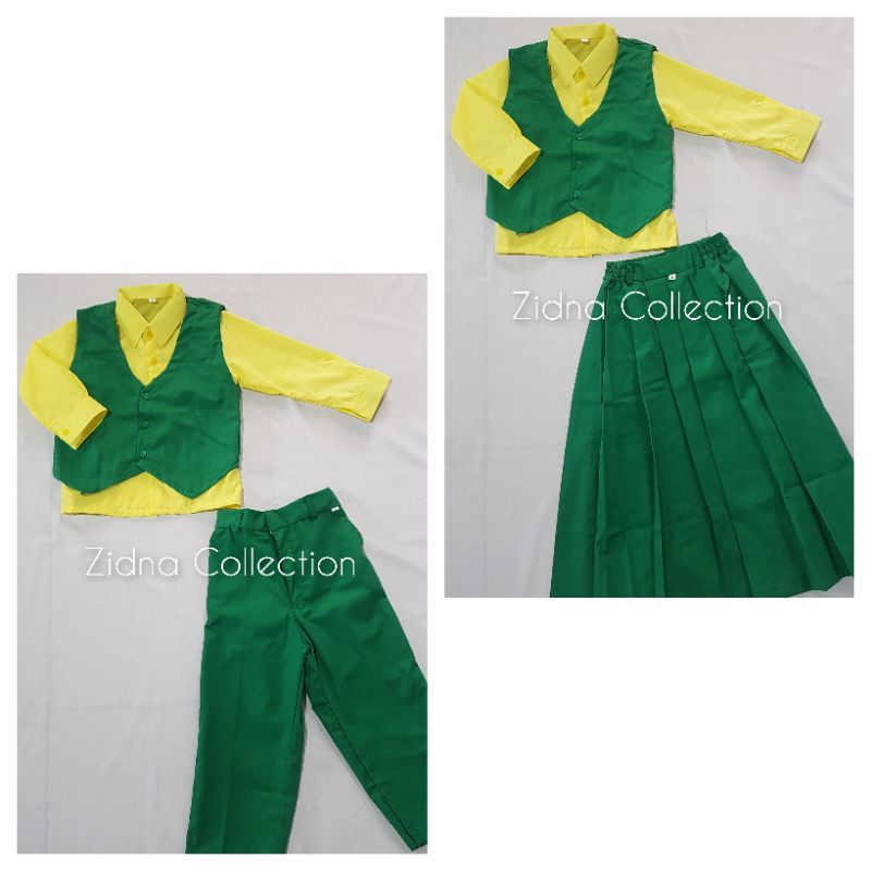 SETELAN HIJAU KUNING ROMPI PANJANG Celana dan Rok Seragam Sekolah Playgroup TK SD MI