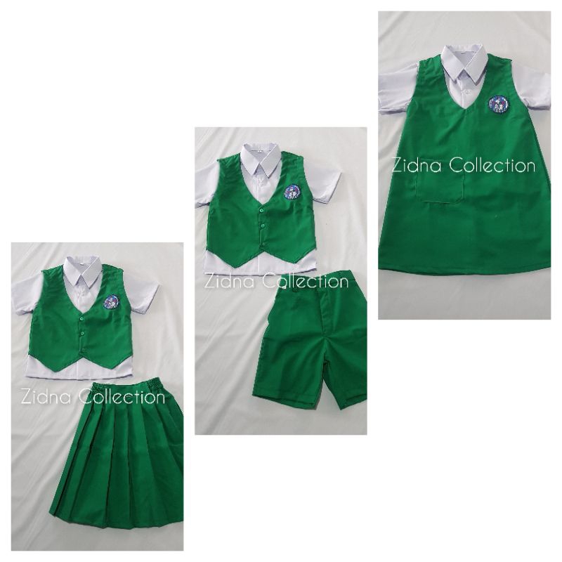 Setelan Hijau Putih Rompi Pendek Celana Rok Dress Seragam Sekolah Playgroup TK