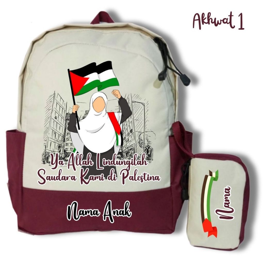 Tas Palestina VOL.2 Akhwat/ Tas Ransel Backpack Anak Sekolah Palestina / Tas Custom Nama / Tas Custo