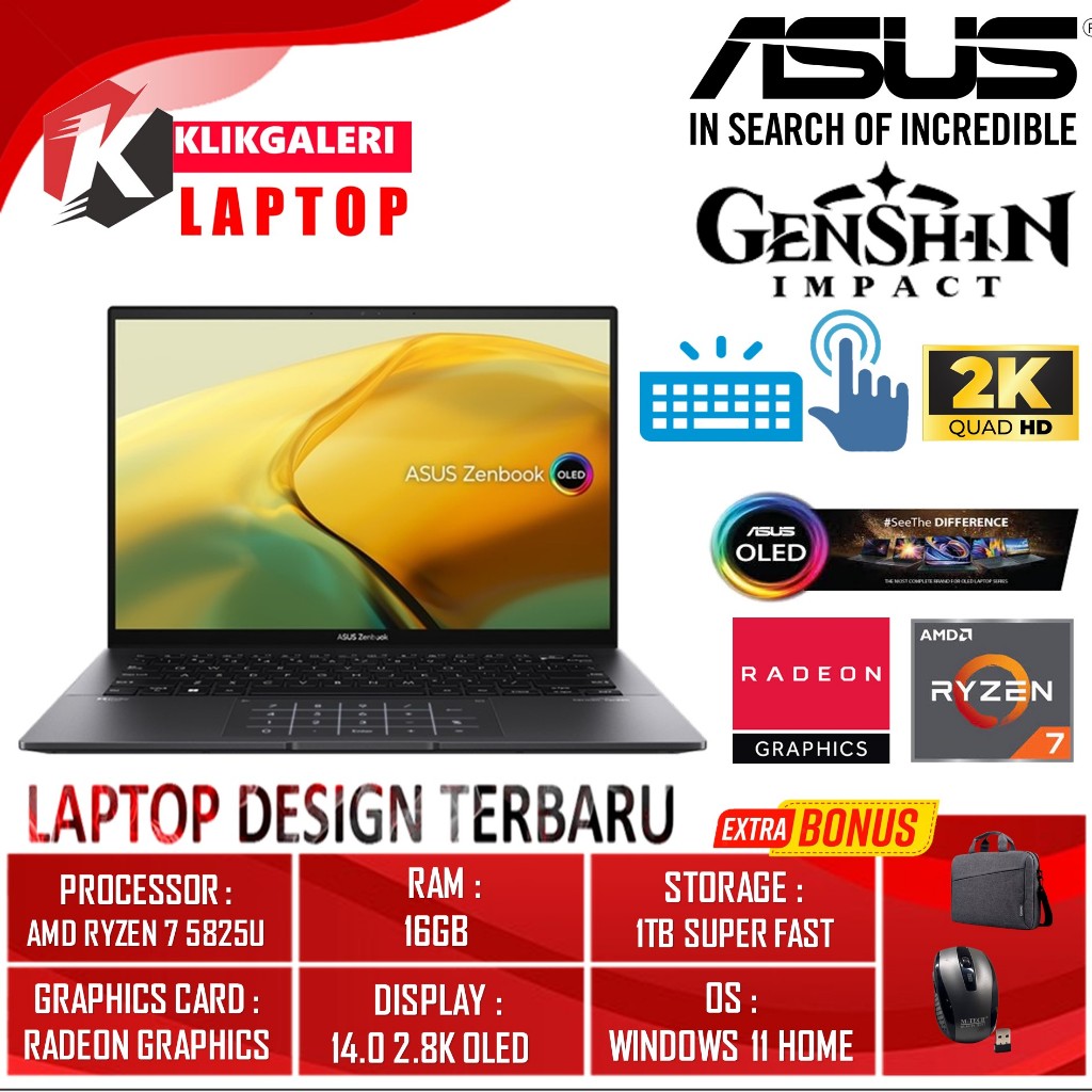 Asus Zenbook 14 Oled UM3402YA Touchscreen AMD Ryzen 7 5825U RAM 16GB 2TB Radeon 8 14 Inch 2.8K Backl