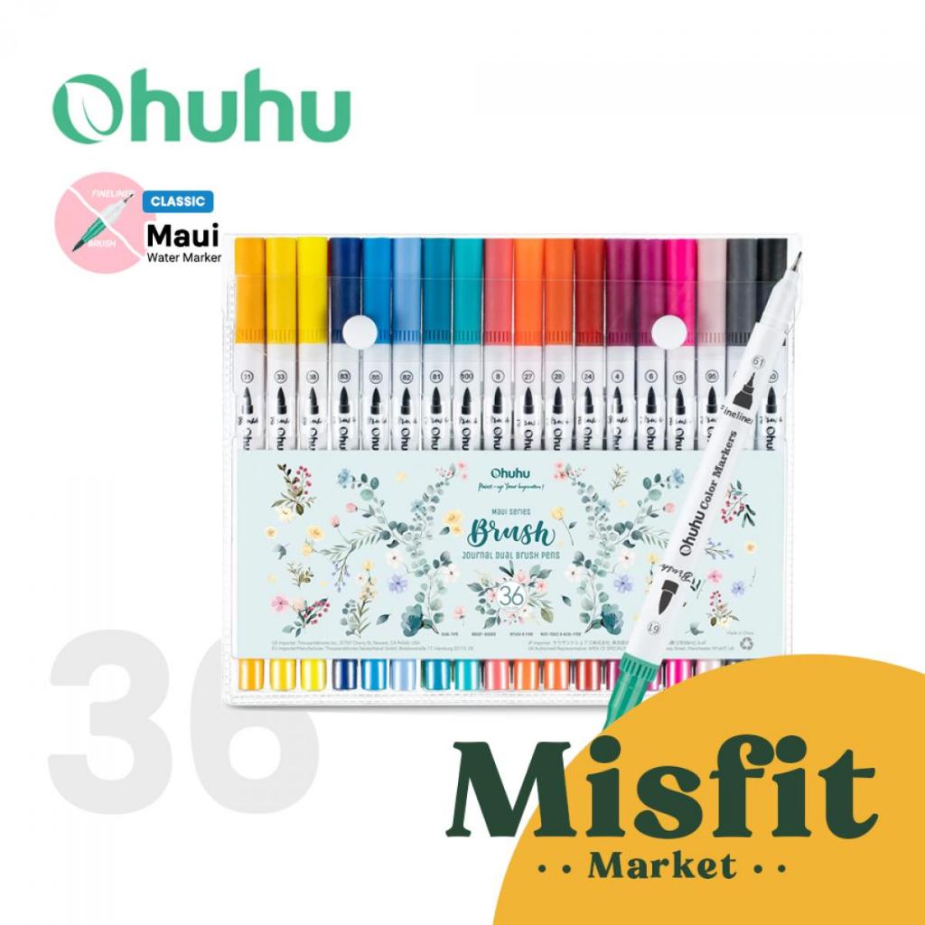

OHUHU Maui 36 Colors Pens (Brush & Fineliner) Water Based Watercolor Markers
