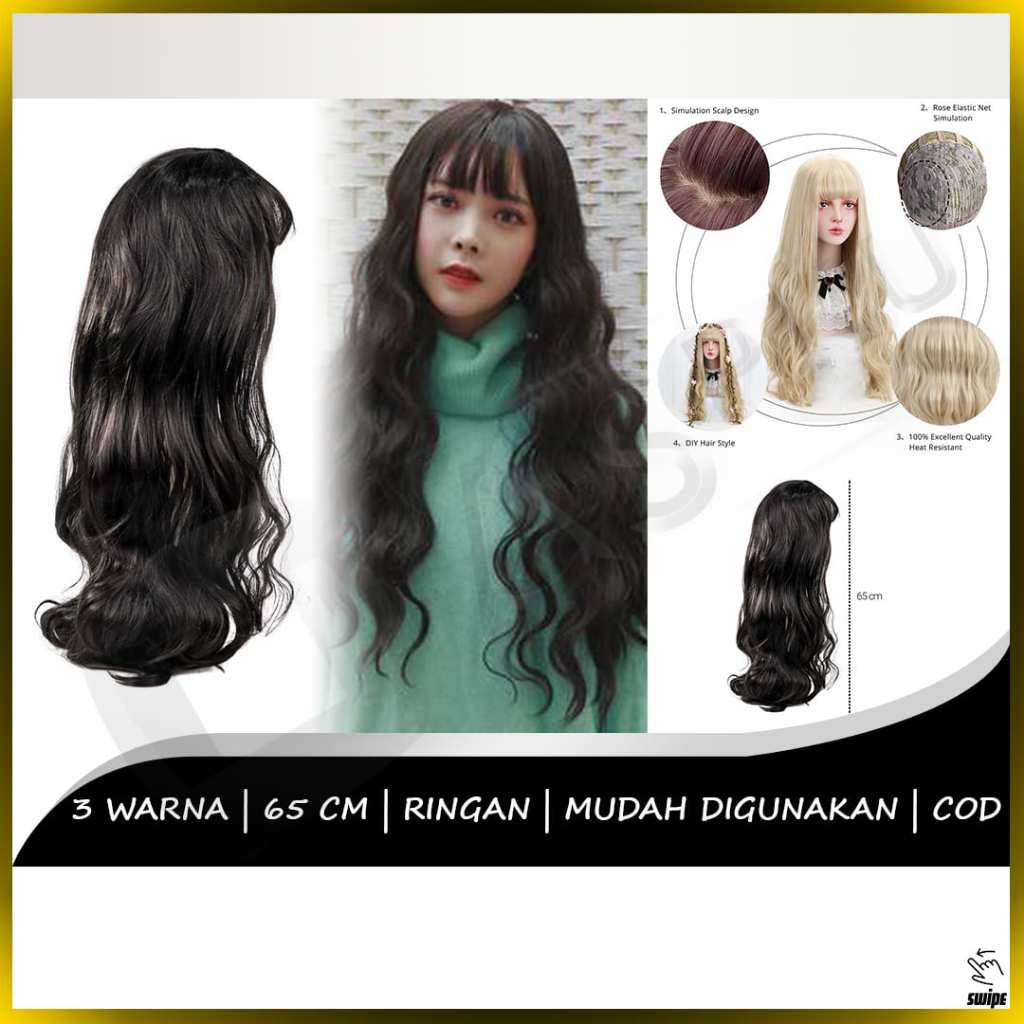 Wig Rambut Palsu Model Wavy 65cm Panjang Berponi Korean Version Full Color Lace Natural Mirip Seperti Asli Sungguhan