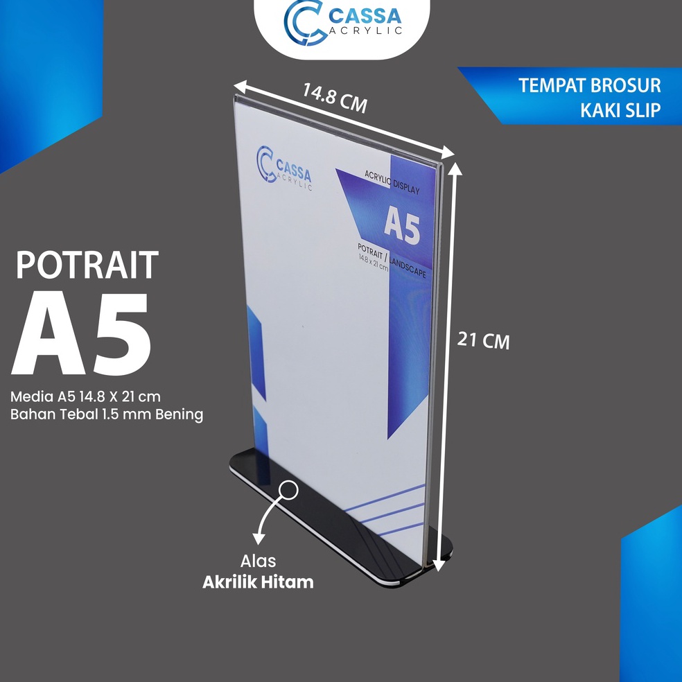 

H4rga T3rmurah 【CASSA】AKRILIK STANDING / TEMPAT BROSUR A5 ALAS HITAM / NOMOR MEJA / TENT HOLDER / TENT CARD ACRYLIC VERTIKAL Original