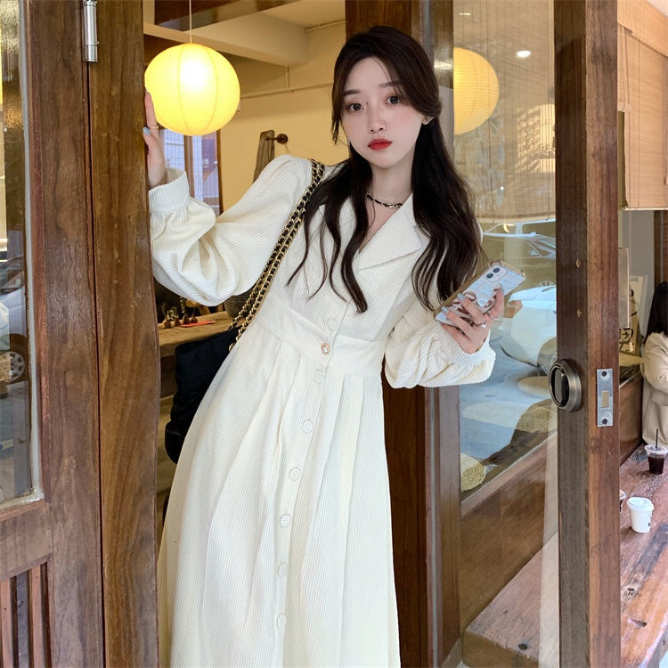 French Dress Vintage Longgar Setelan Kerah Corduroy Dress baju lengan panjang