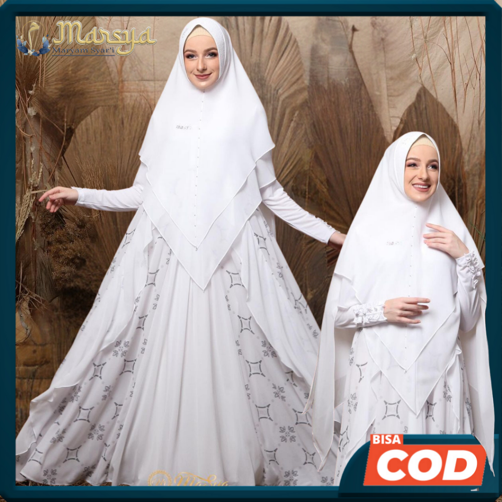 Set Gamis Dress Putih Mewah Ceruty Babydoll - Khimar - Madenia syari - Masya - [ ALICIA WHITE ]