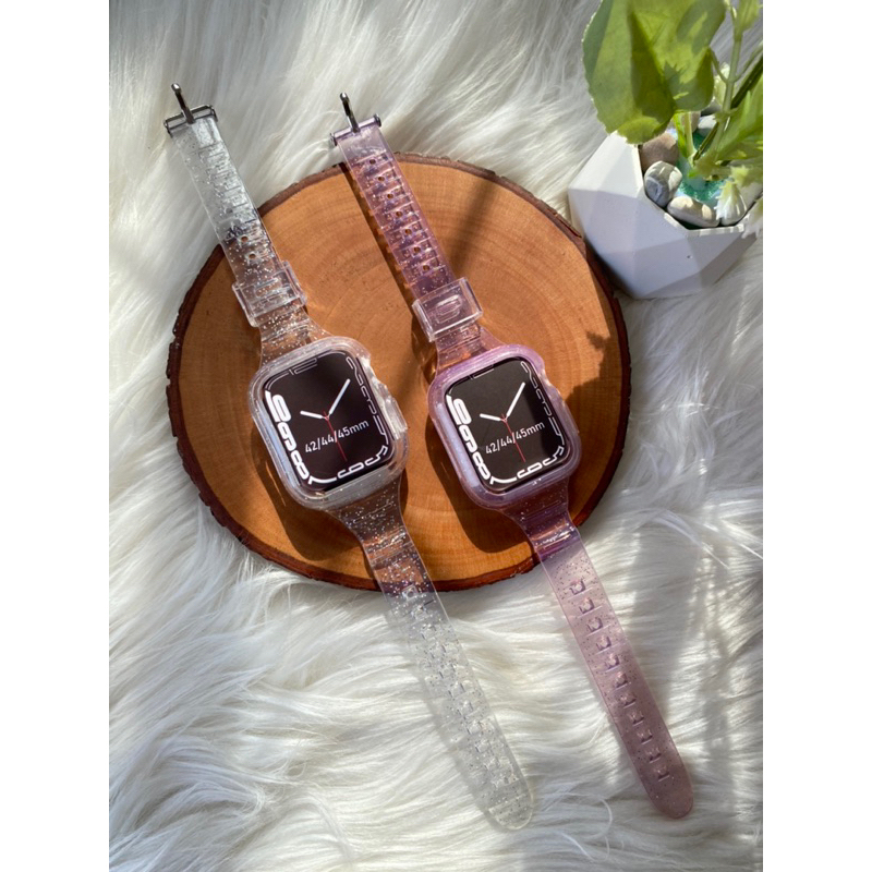 Strap+Pelindung Jam Glacier Strap Watch Glitter Clear Strap For Apple Watch T55 T500 HW12 HW16 HW22 