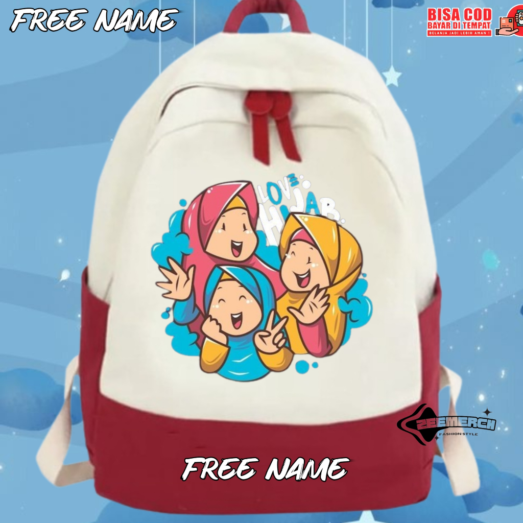 (FREE NAMA) TAS RANSEL BACKPACK ANAK SEKOLAH MOTIF LOVE HIJAB