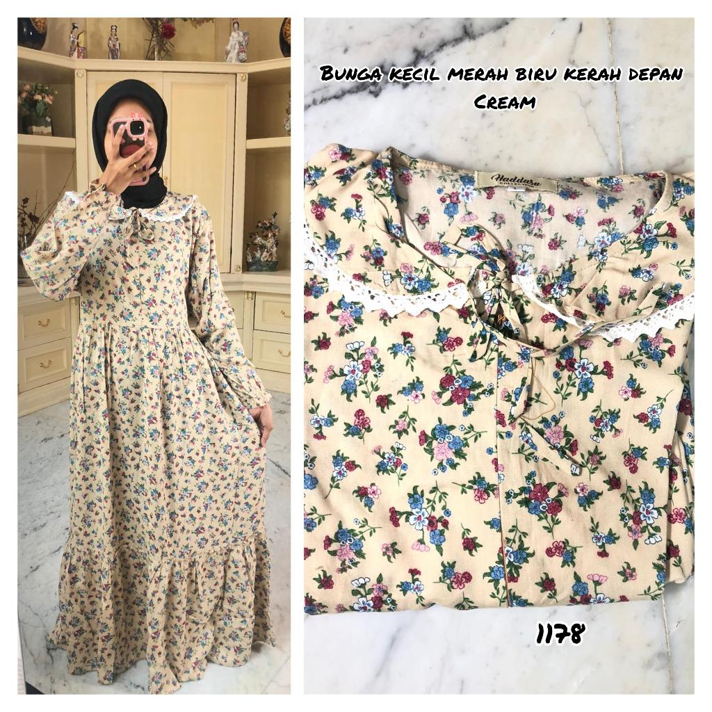 GAMIS RAYON MOTIF BUNGA KECIL MERAH BIRU KERAH DEPAN (CREAM)