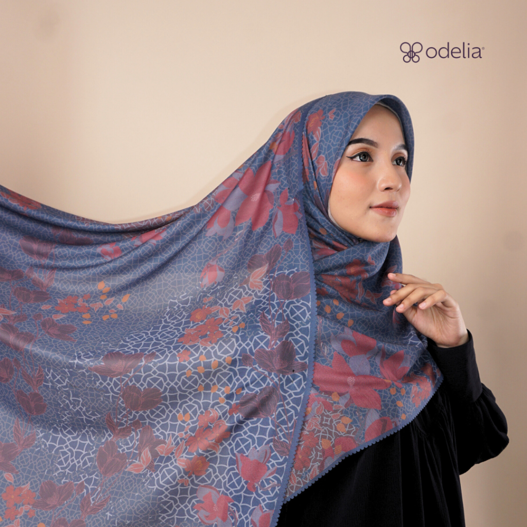 Odelia - Mokuren Scarf I Hijab printing segi empat motif I Segiempat premium I Jilbab motif lasercut