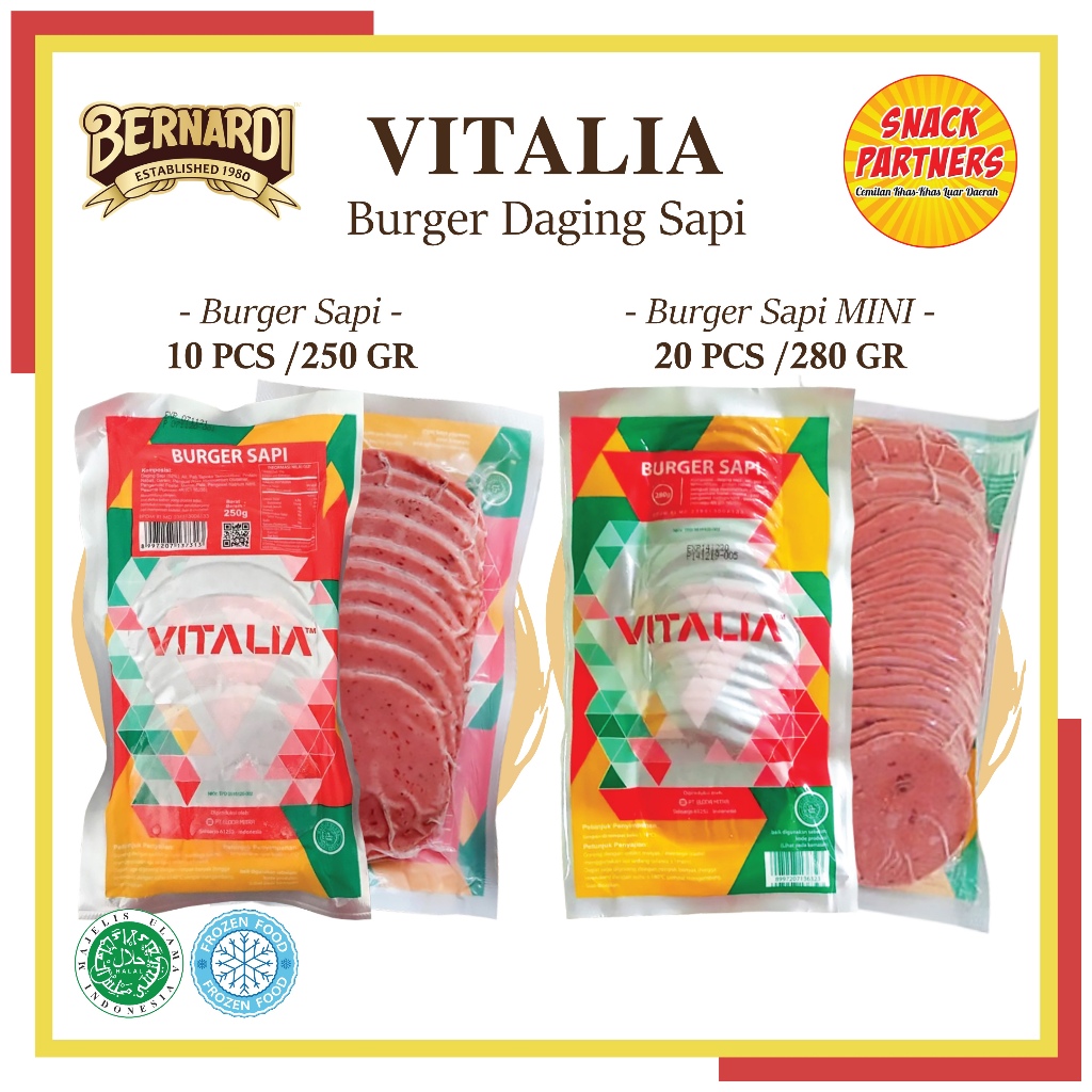 

VITALIA Beef Burger / Burger Daging Sapi 10 PCS / 250 GR | Mini 20 PCS / 280 GR BERNARDI - FROZEN FOOD - Makanan Instant Cepat Saji