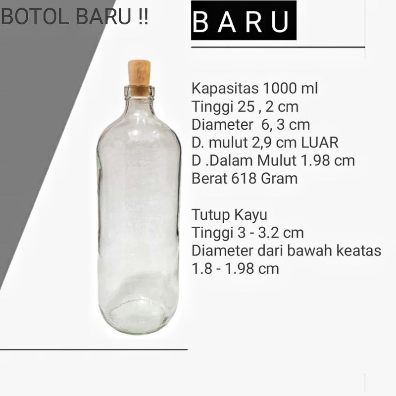 BOTOL KACA 1LITER, BOTOL KACA BOLES, BOTOL KACA BENSIN 1LITER TUTUP KAYU