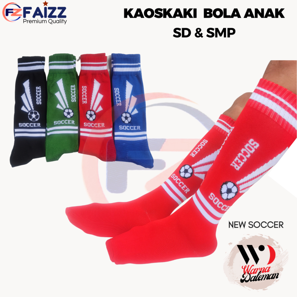 Kaos Kaki Bola Futsal Anak SD SMP Warna Merah Panjang Sebetis Motif Soccer / Kaos Kaki Olahraga Anak