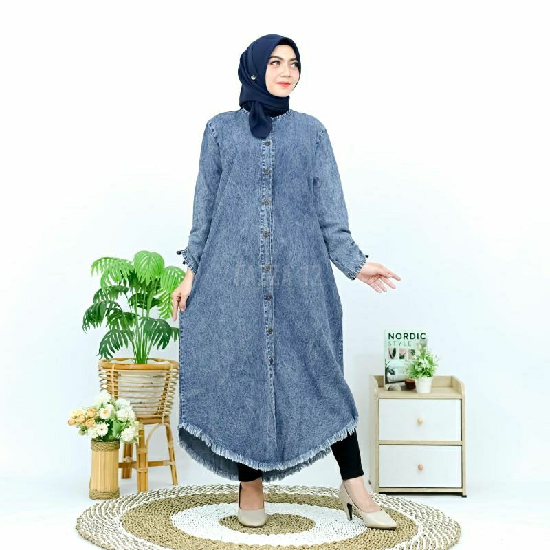 Long Tunik Jeans Wanita Terbaru ,Snow blue