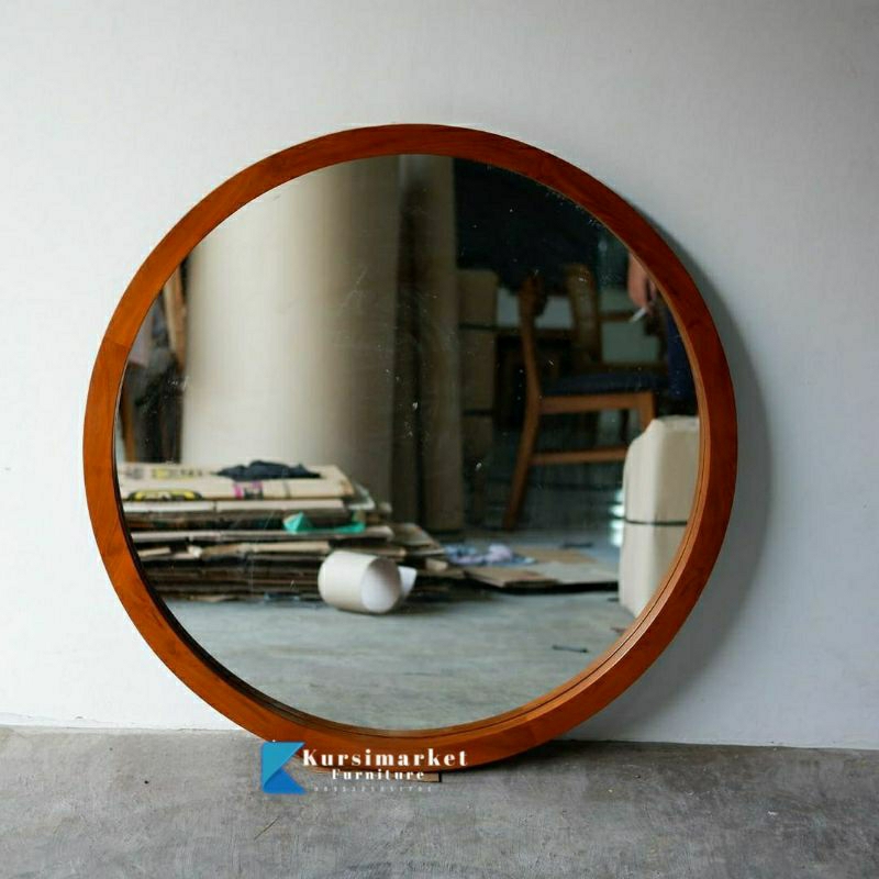 CERMIN BULAT DINDING KACA CERMIN D60CM KAYU JATI FIGURA BULAT DINDING MURAH