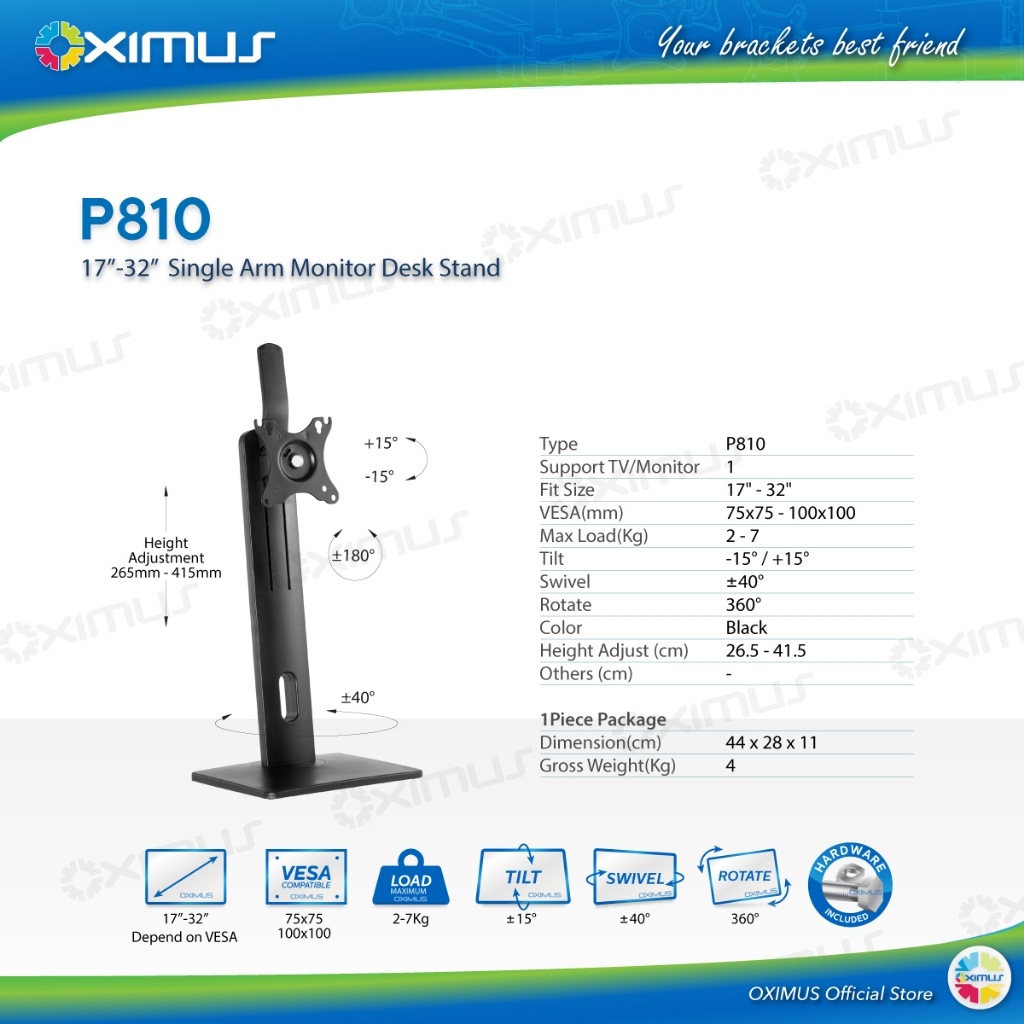 Bracket Desk Stand Meja 1 Monitor Naik Turun 17" - 32" Oximus P810