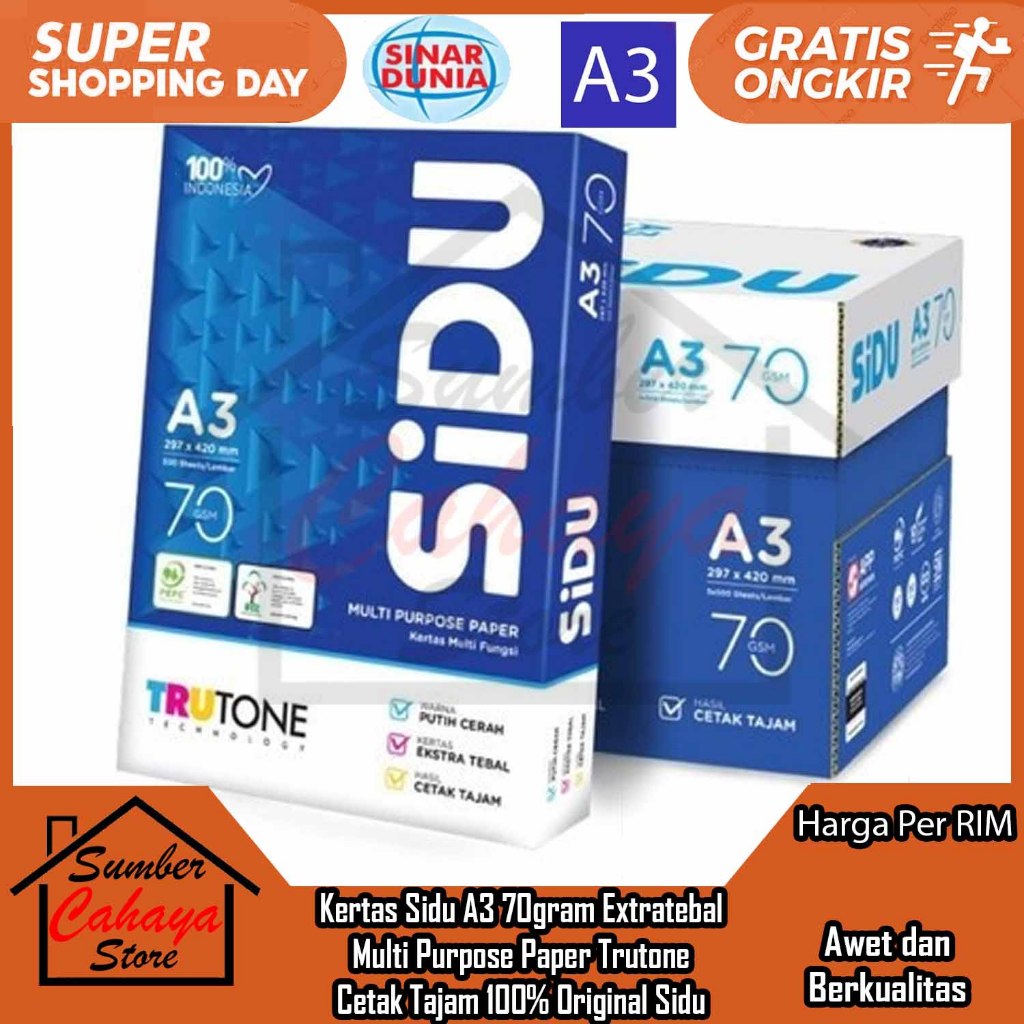 

Kertas HVS 70 GSM A3 500 LEMBAR Sidu Extratebal Multi Purpose Paper Trutone Cetak Tajam 100% Original Paper Cetak Putih Bersih 1 Rim Sinar Dunia KTS Print Warna HALUS FOTOCOPY PRINTING FOTOKOPI COPY PAPERS FOTO COPY KOPI REM BOX DUS