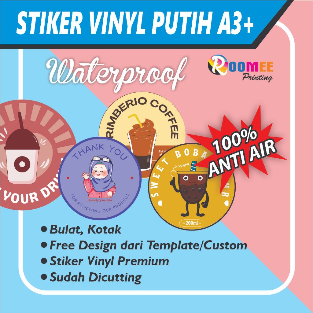 

CETAK STIKER VINYL GLOSSY A3+ ANTI AIR TERMASUK CUTTING FREE DESIGN - STIKER LABEL KEMASAN / STIKER LABEL MURAH