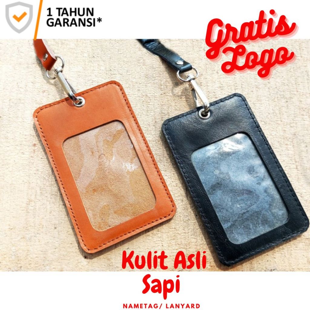 

id card holder lanyard name tag kulit asli nametag kalung custome logo garansi 1 tahun hitam dan coklat