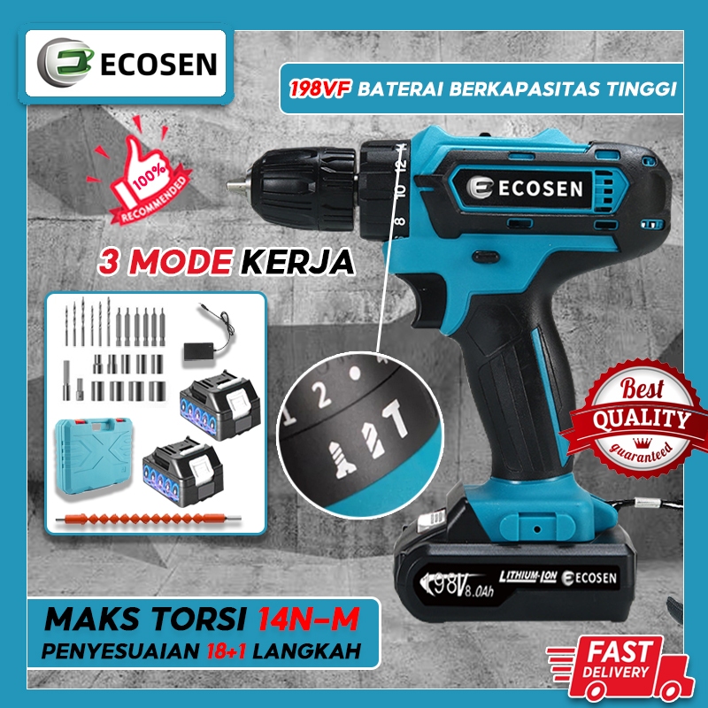 ECOSEN 198V Mesin Bor Baterai Tangan Dengan 2 Baterai Cordless Drill Battery Impact Drill