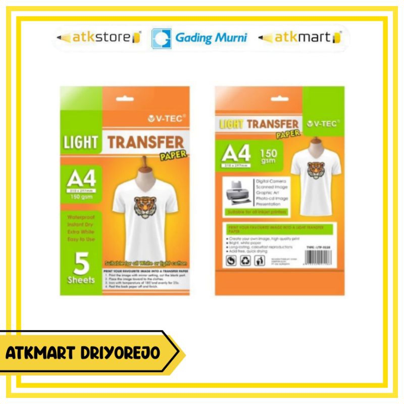 

V-TEC LIGHT TRANSFER PAPER A4 150gsm - KERTAS TRANSFER - KERTAS SABLON
