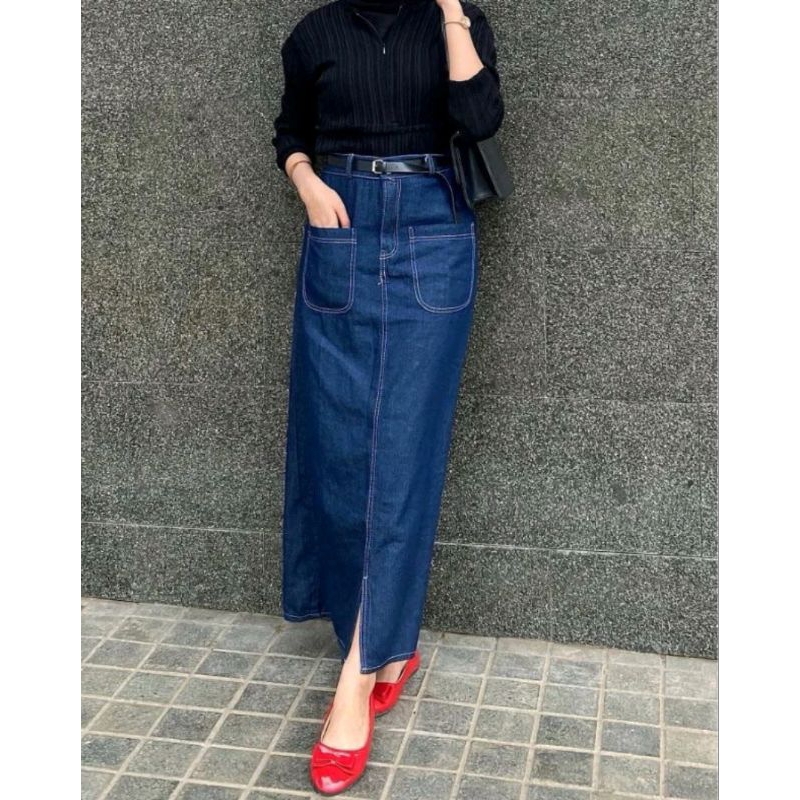 HENGVYSHOP ~ ROK PANJANG CARGO JEANS HIGHWAIST / ROK CARGO / ROK JEANS / ROK WANITA / KEKINIAN / ROK