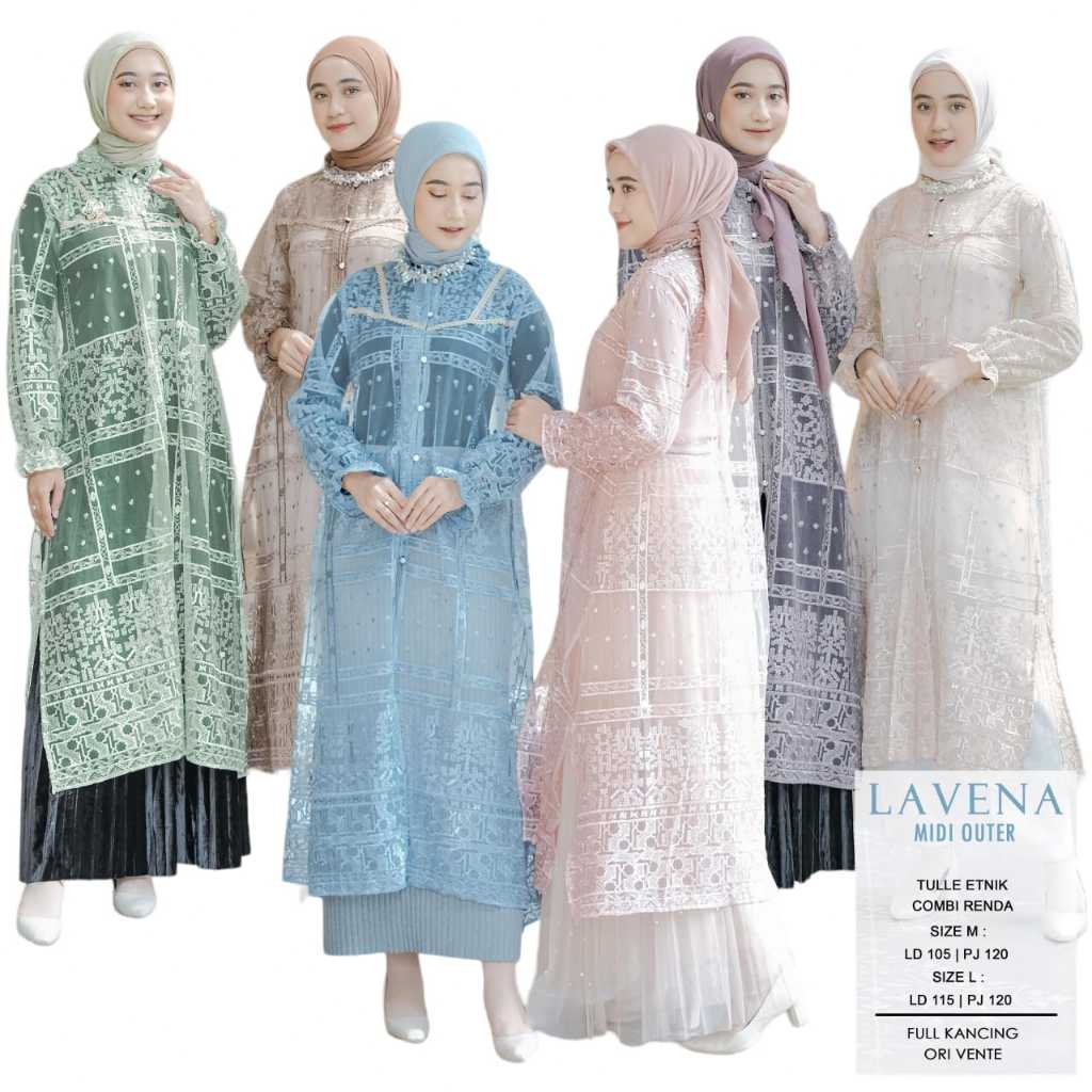 Vente Daily Lavena Midi Outer / Midi Dress Wanita Muslim Kekinian Jumbo Tulle Etnik Combi Renda Prem