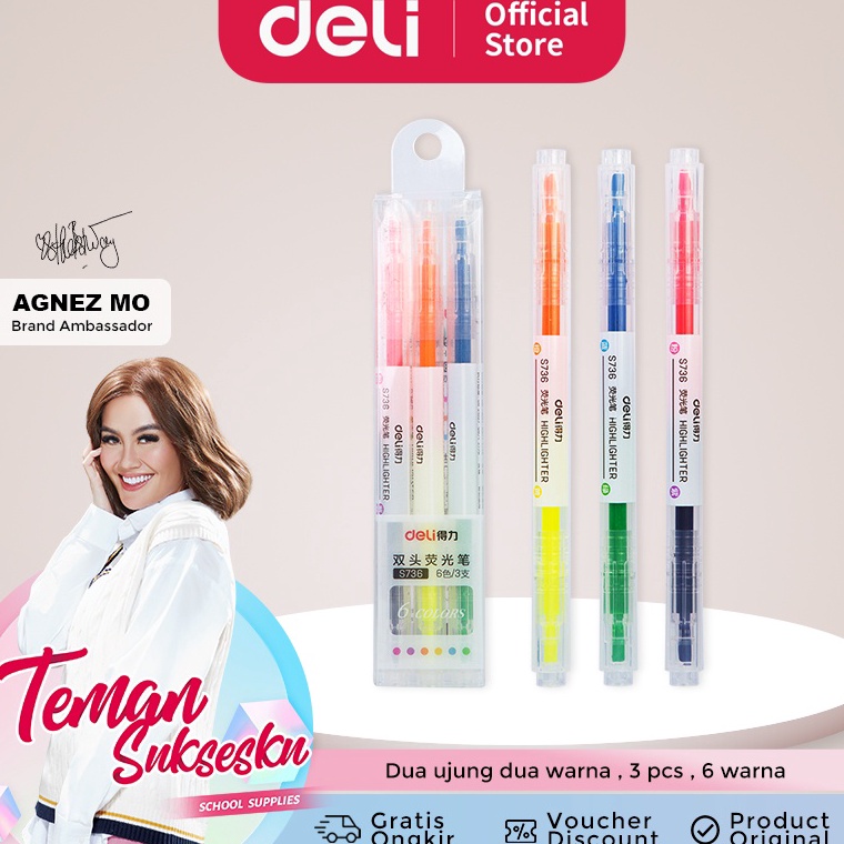 

[♔E29$] Deli highlighter ujung 2 warna 3pcs/pak 6 warna S736 [210]