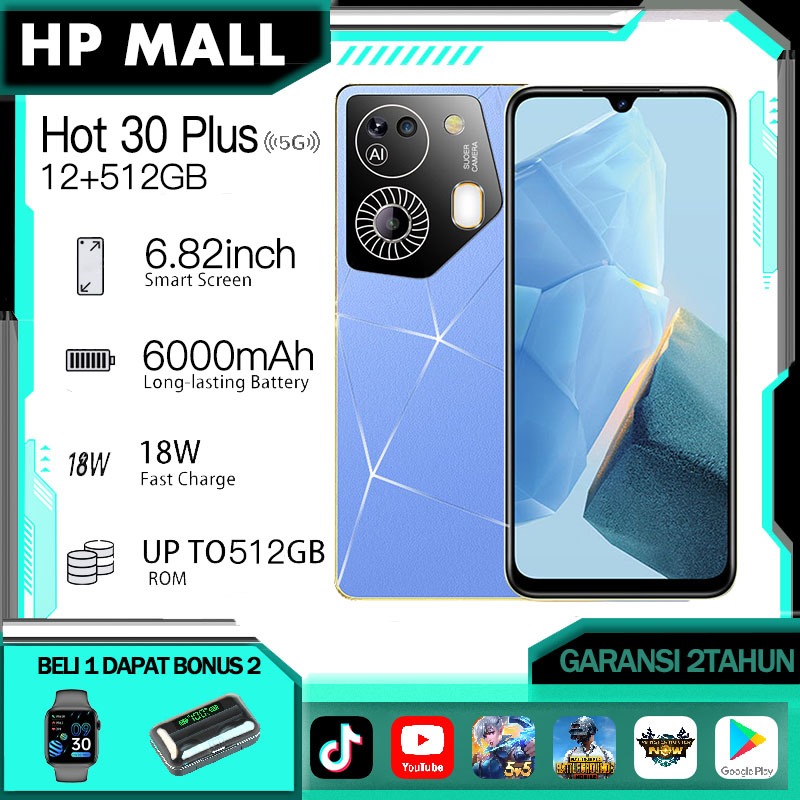 【2023 NEW】HP Hot 30 Plus 12GB+512GB HD Handphone android 6000mAh 5G HP murah Smartphone 7.5inci Dual