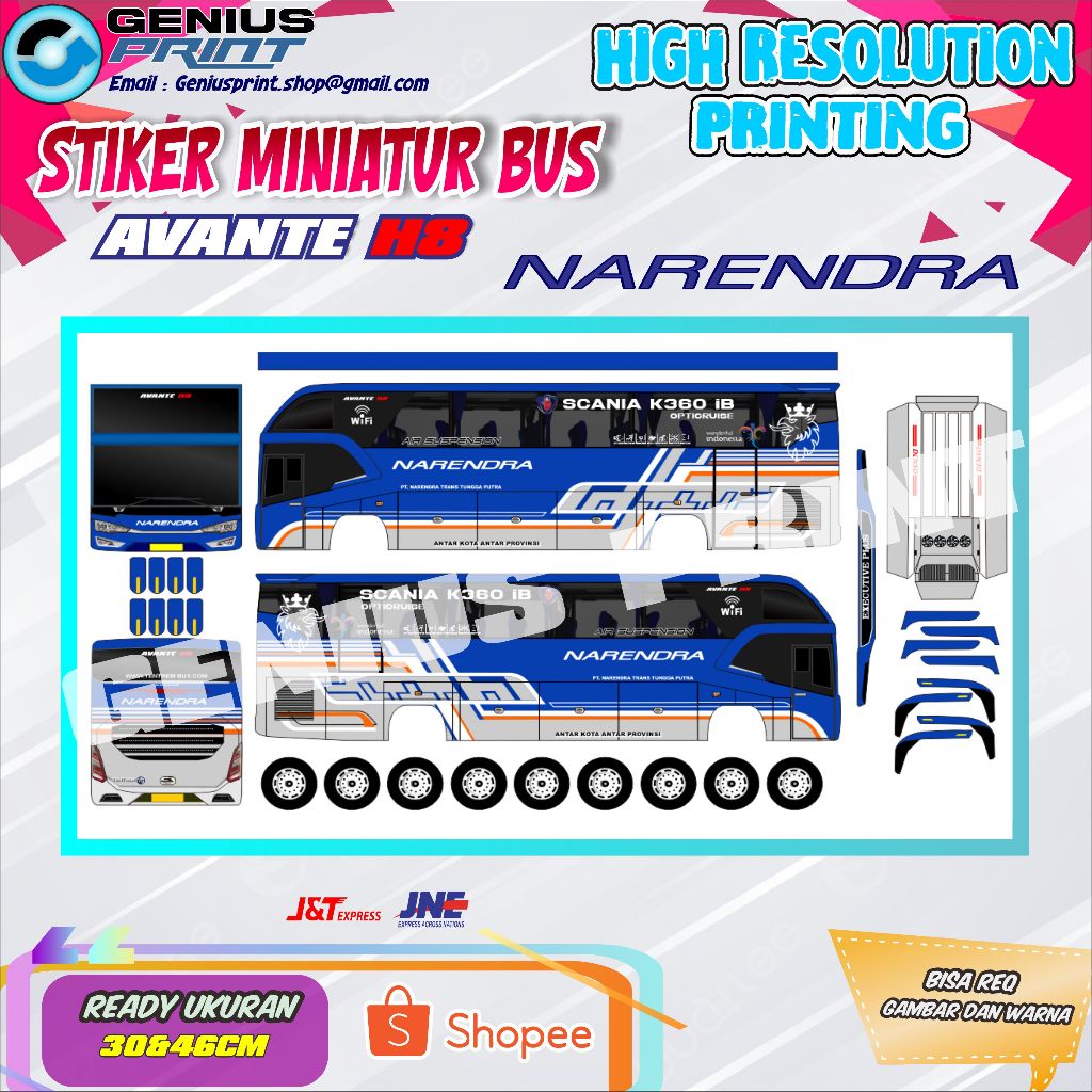 Stiker Miniatur Bus Avante H8 Livery Narendra | Mahkota | Dnasima | Dewi Sri | Maju Lancar | Azkha W