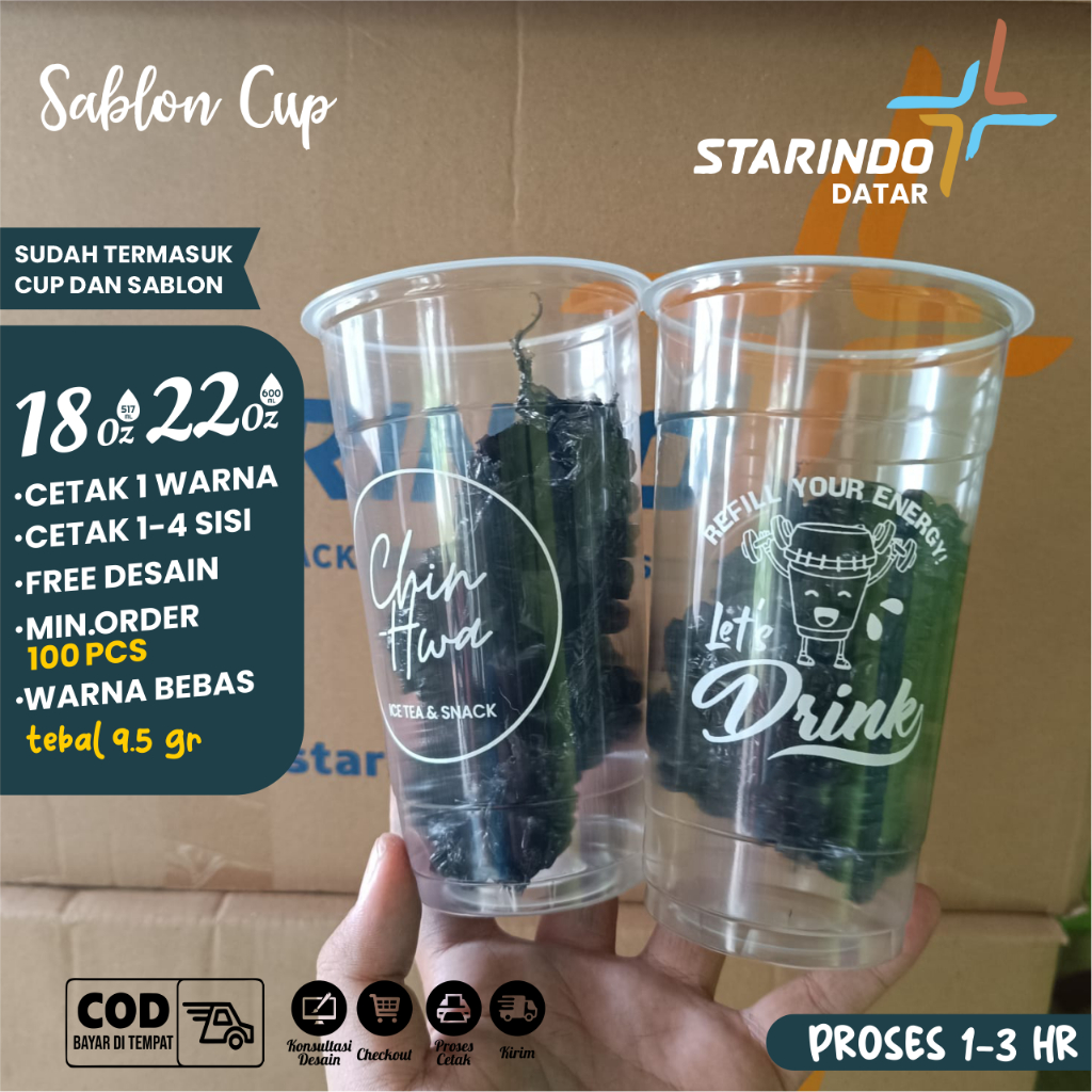 Sablon Gelas Cup 18-22 Oz - Bahan Tebal Merek Starindo - Minimal 100 Pcs Sablon Cup Minuman | Free D