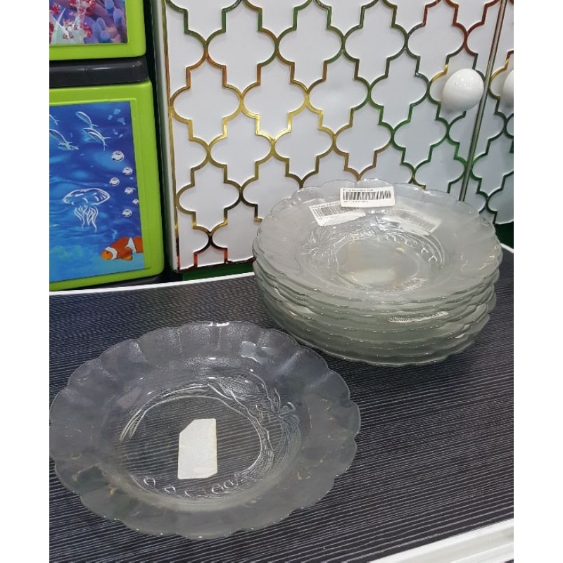 piring kaca motif putih/piring bening/piring makan/piring