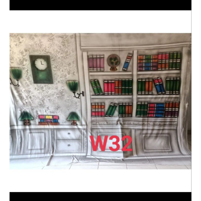 x 2.5m..Background wisuda rak buku ws32 warna putih w32 Background Kain W32