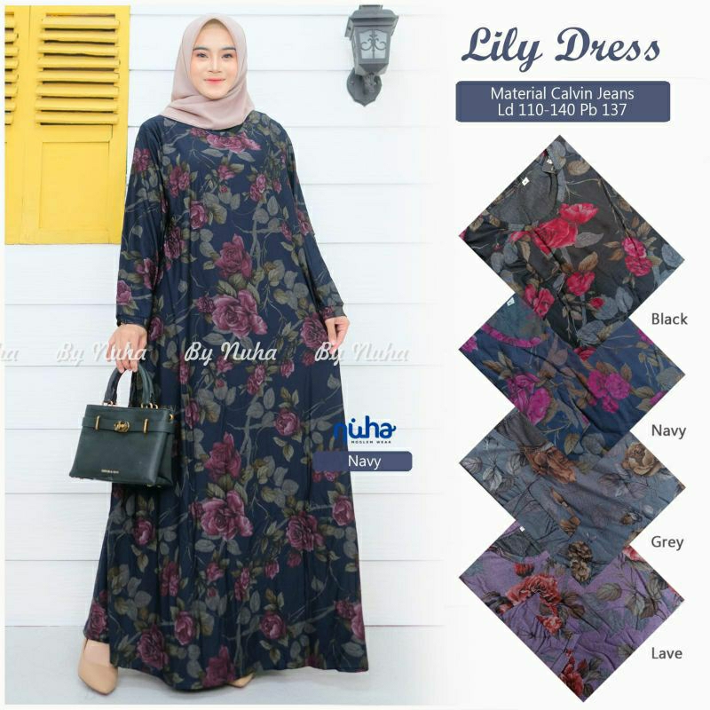 Lily Dress Gamis Calvin Jeans Jumbo Fit XL XXL XXXL 4L Ld110 Ld120 Ld130 Ld140  Bahan Melar Adem Mot