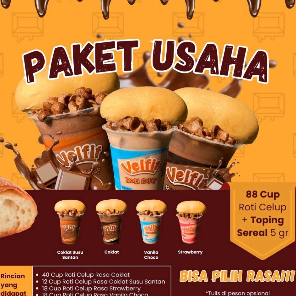 

[KODE 7INRP] Paket Usaha 88Cup Velfit Roti Celup