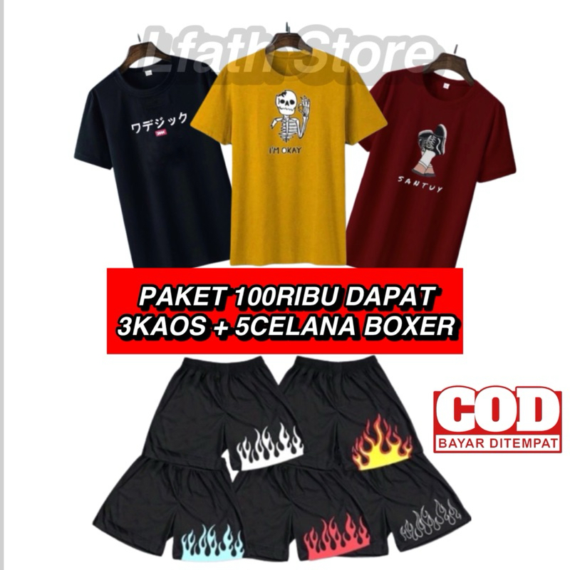 PAKET 100RIBU DAPAT 3KAOS 5CELANA BOXER || KAOS DISTRO PRIA || CELANA KOLOR PRIA