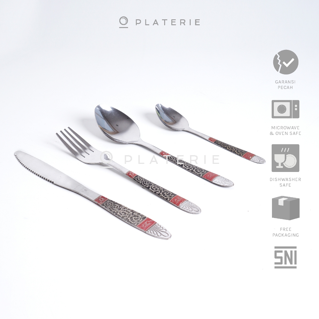 PLATERIE Set Cutlery 16Pcs Silver w/ Pattern Sendok / Garpu / Pisau / Sendok Teh Stainless Steel Jaw