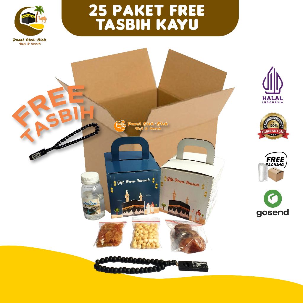 

Paket Oleh Oleh Haji dan Umroh dus Box FREE TASBIH KAYU per 25 pcs