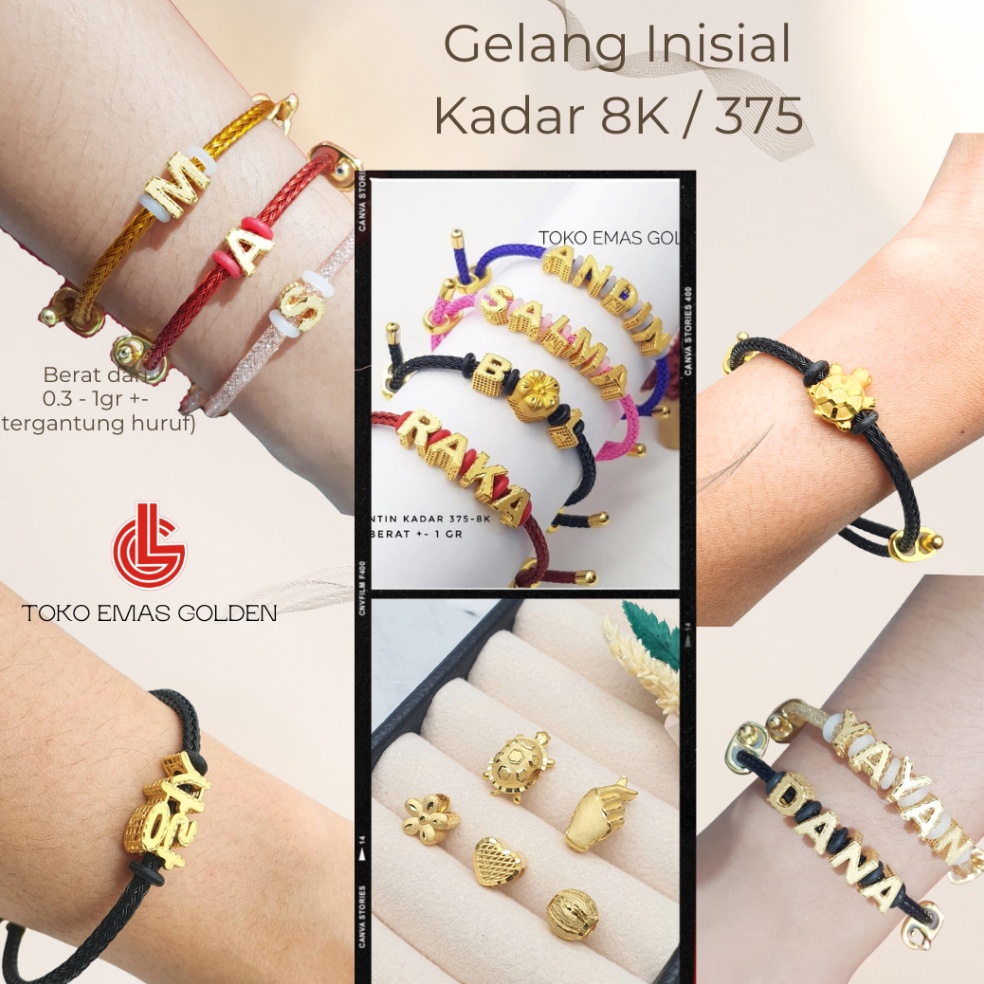 S@le Liontin Gelang Inisial Huruf Balok A-Z (TIDAK TERMASUK TALI GELANG) Emas Asli 8K Emas Muda 375 