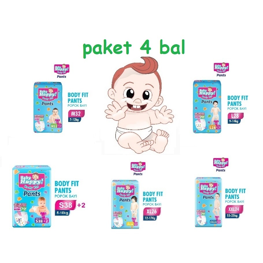 (PAKET 4 BAL / 1 KARTON SEGEL) Baby Happy Pants S38+2 / M32 / L28 / XL26 / XXL24